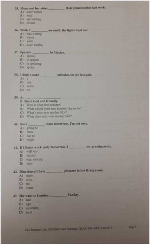 اسئلة اختبار اللغة انجليزية elca 102 انتساب الفصل الثاني 1436هـ نموذج (B)