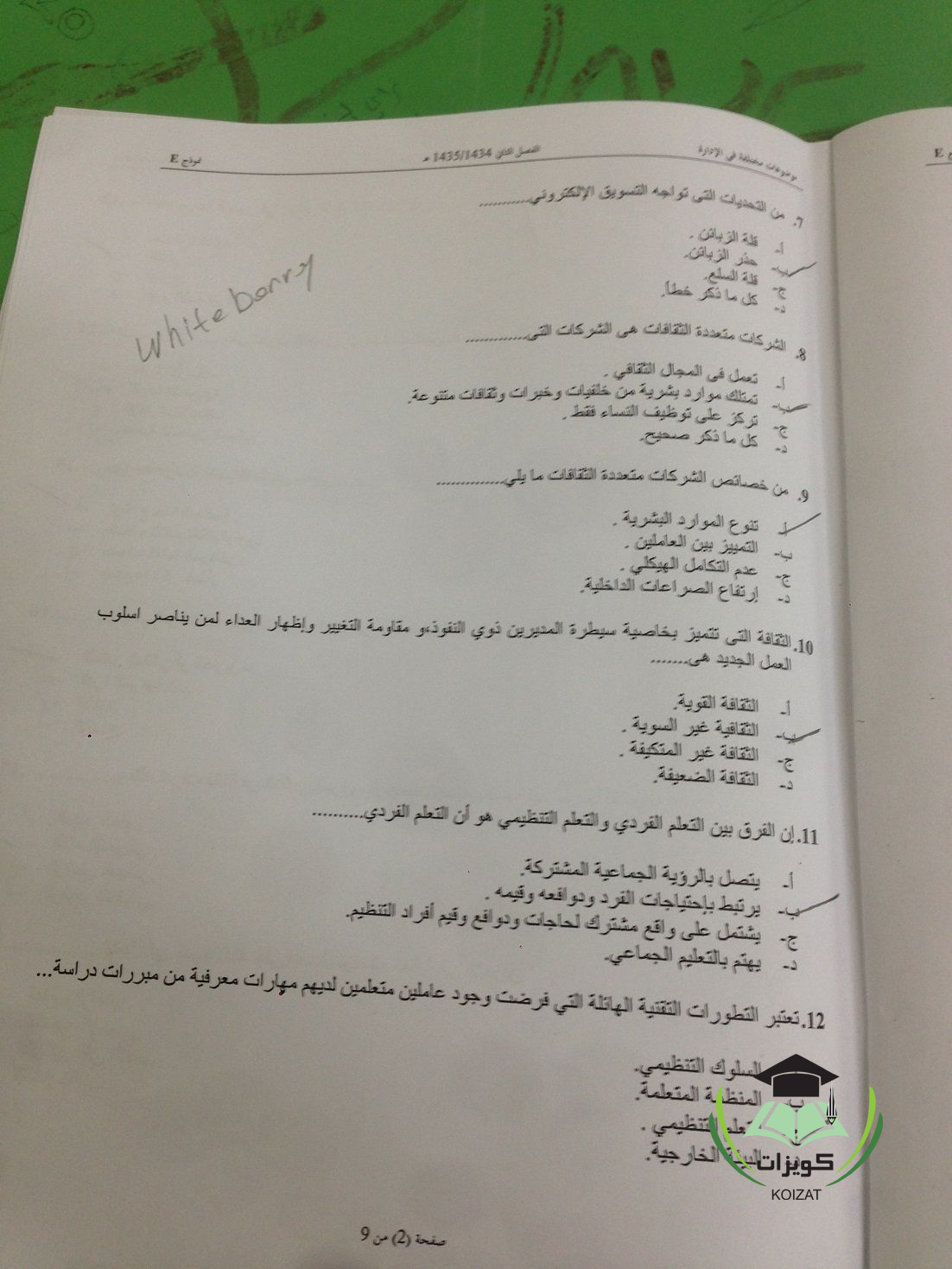 اسئلة اختبار مادة موضوعات خاصة في الإدارة الفصل الدراسي الثاني 1435هـ