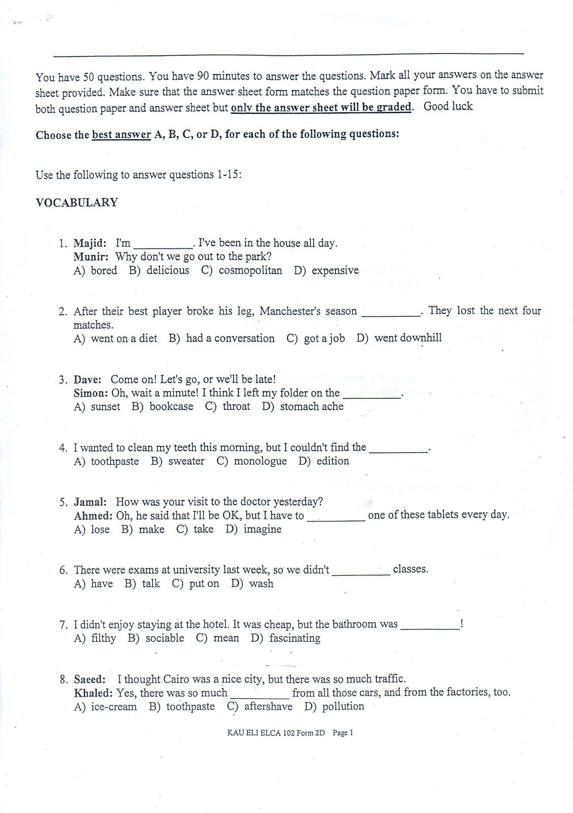 اسئلة مادة اللغة الانجليزية elca 101 انتساب الفصل الدراسي الأول 1434هـ نموذج (d)