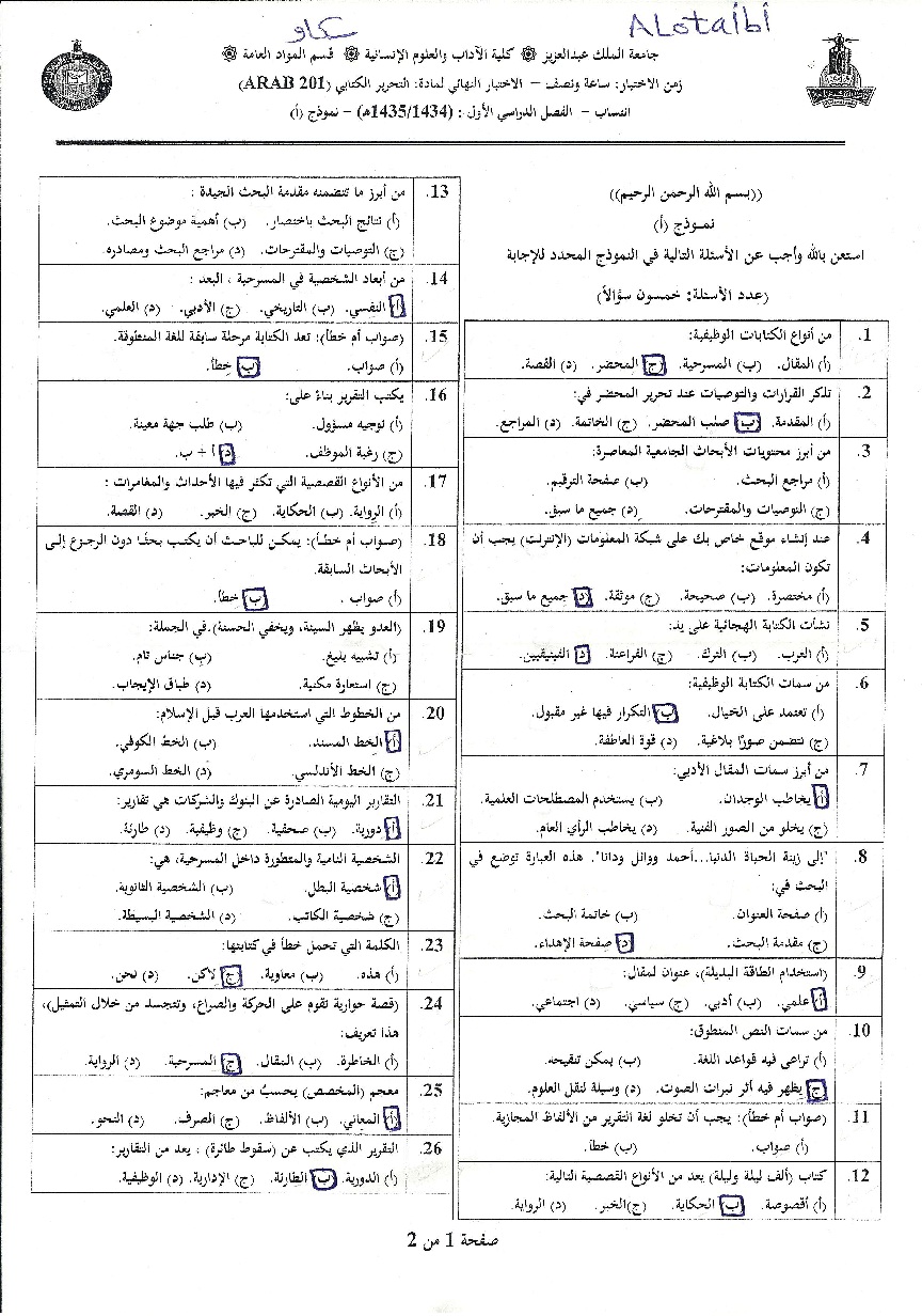 اسئلة مادة التحرير الكتابي arab 201 انتساب الفصل الدراسي الأول 1435هـ نموذج (أ)