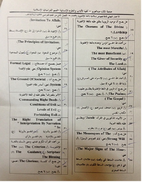 اسئلة مادة نصوص إسلامية باللغة الإنجليزية isls 452 انتساب الفصل الدراسي الثاني 1434هـ نموذج (أ)