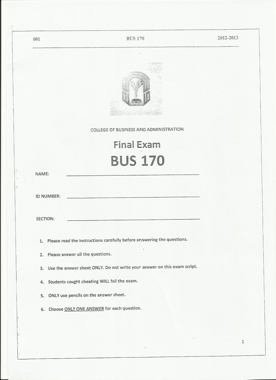 اسئلة اختبار مادة اللغة الإنجليزية في الإدارة والإقتصاد (1) BUS 170 الفصل الدراسي الثاني 1434هـ