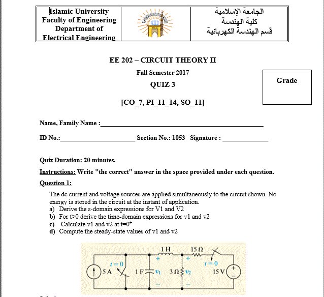 Quizzes-1,2,3 Circuit II Fall Semester 2017