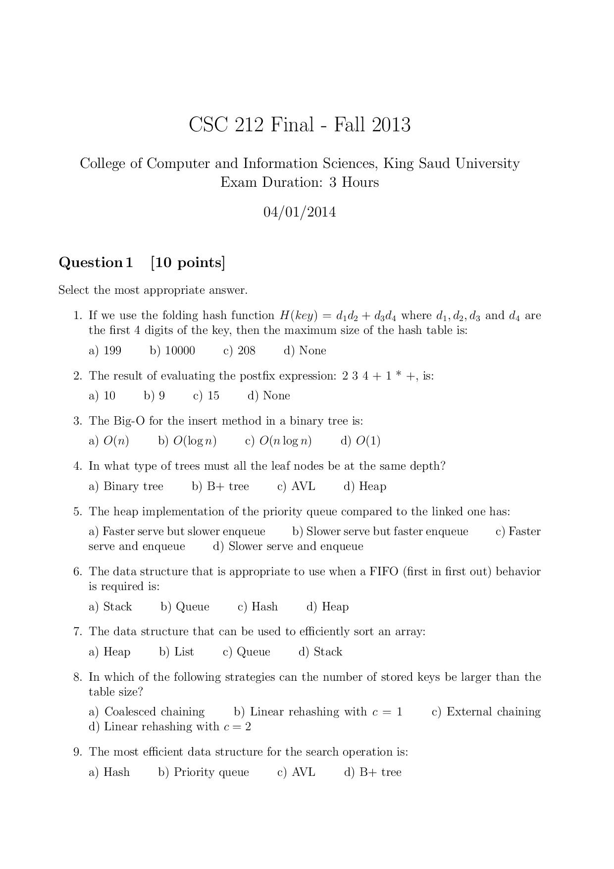 اسئلة اختبار عال 212 تراكيب بيانات الفصل الأول 1434هـ