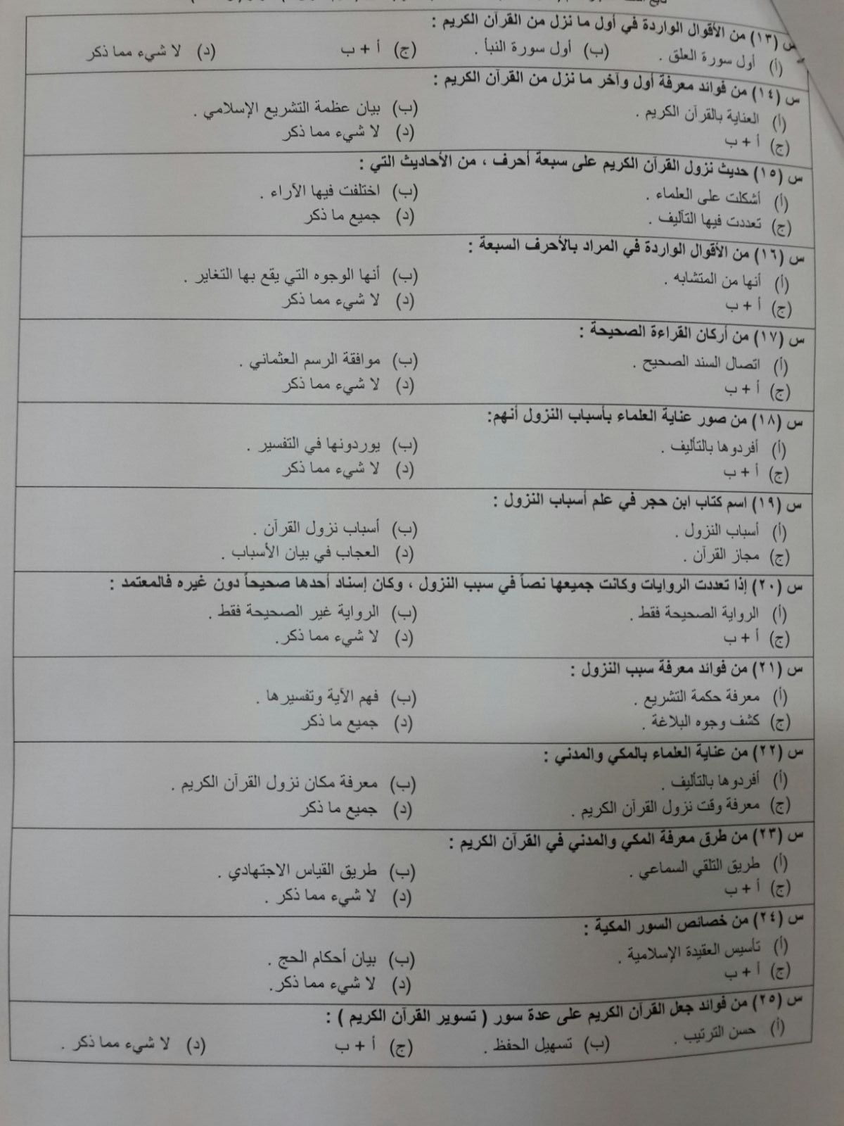 اسئلة اختبار علوم القرآن 1 قرا 182 الفصل الأول 1437هـ المستوى الثاني