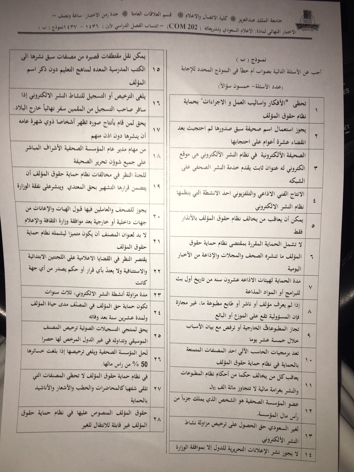 اسئلة اختبار الإعلام السعودي وتشريعاته com 202 انتساب الفصل الأول 1437هـ نموذج ب