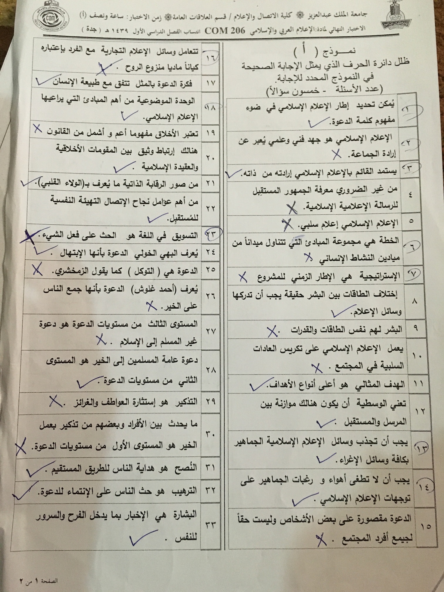 اختبار الإعلام العربي والاسلامي com 206 الفصل الأول 1439هـ