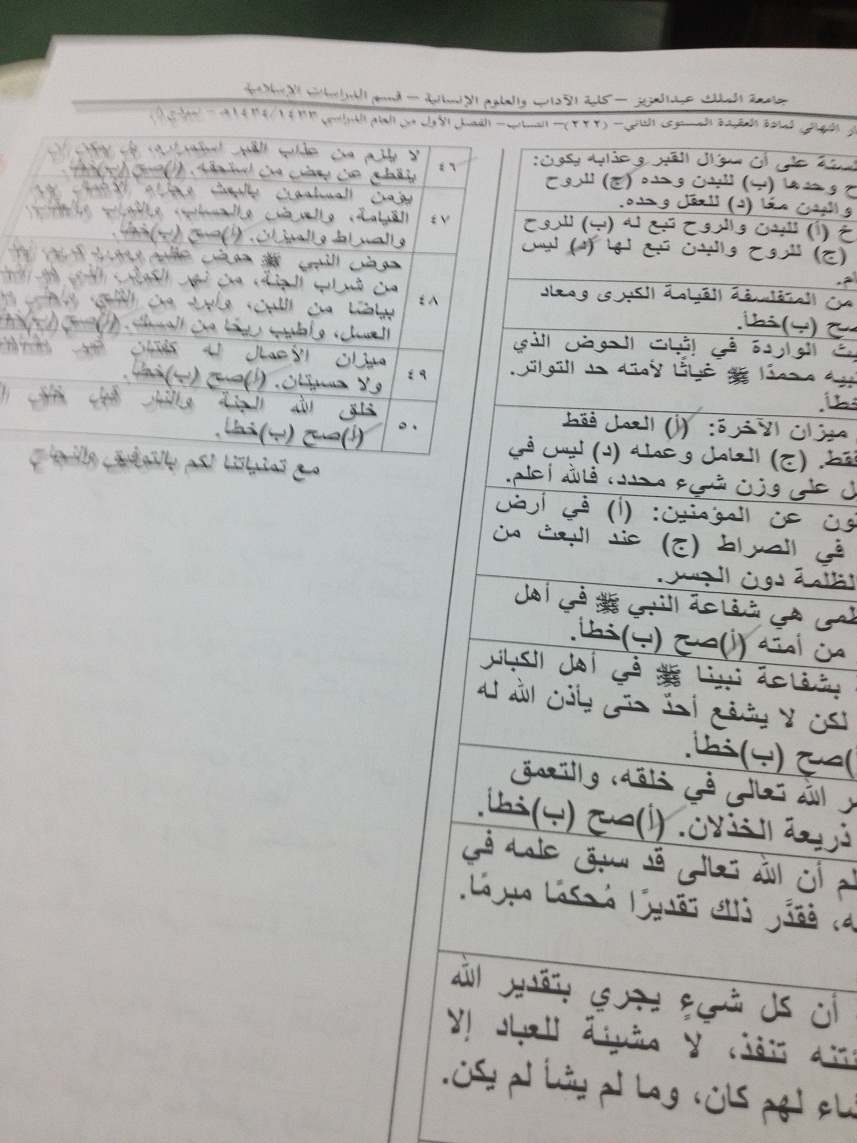 اسئلة مادة العقيدة الإسلامية 2 isls 222 انتساب الفصل الدراسي الأول 1434هـ نموذج (أ)